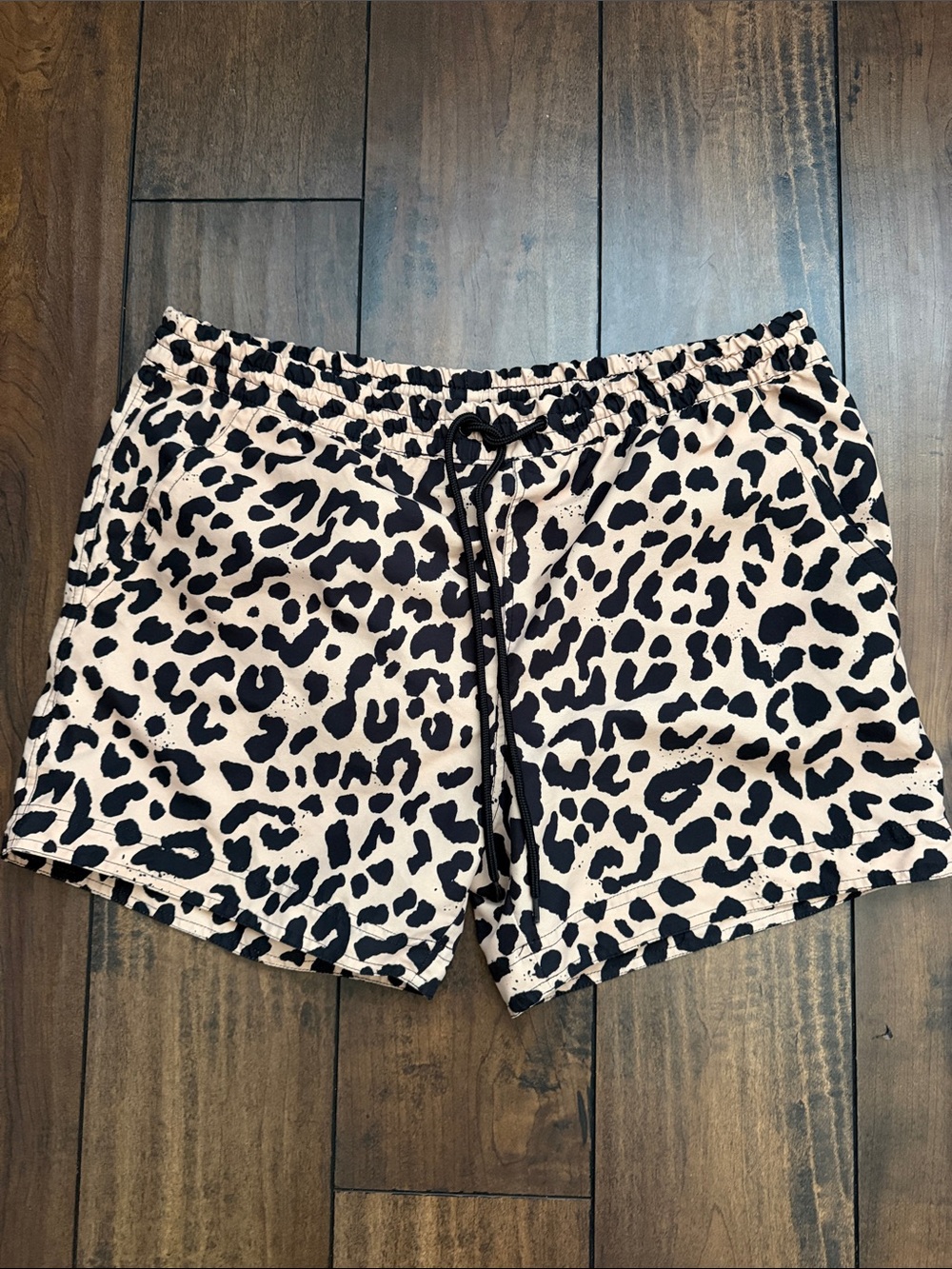 Leopard Print Drawstring Mens Swim Shorts - Black on Cream